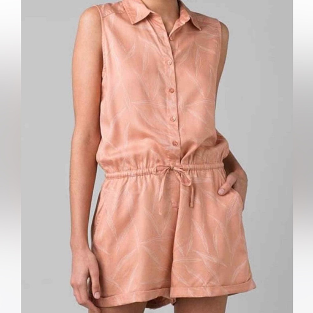 Prana Weekend Escape Tencel Sleeveless Leaf Print Romper Peach Womens Size M